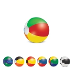 A multicoloured beach ball featuring green, red, yellow, and blue panels, with a small logo visible.
