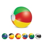 A beach ball with a mix of green, red, yellow, and blue panels, featuring a logo. Various other beach ball designs below.