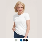 A white women's t-shirt with a round neckline and short sleeves, styled with denim jeans. Includes a branding logo.