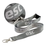 A grey Jacquard lanyard featuring a clip for attachment and a logo along its length.