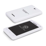 A white stress keyring shaped like a smartphone with a black screen side and a logo on the back.