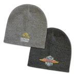 A grey knit beanie and a charcoal knit beanie, both with logos embroidered on the front.