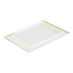 A desk planner with a white and light green design, featuring weekly sections and a notes area, includes a logo.