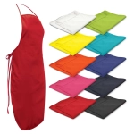 A red bib apron is displayed alongside folded aprons in various colours including white, green, yellow, blue, orange, pink, and black.