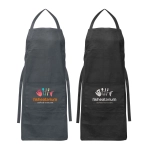 A pair of bib aprons in dark grey and black, featuring logos on the front.