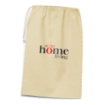 A beige drawstring laundry bag with a logo featuring the words "home living" in various colours.