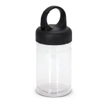 A clear drink bottle with a black cap and a built-in carabiner.