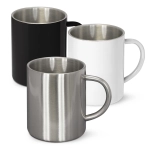 A set of three Thermax Coffee Mugs in different finishes: matte black, glossy white, and brushed stainless steel.