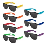 A set of Malibu Premium Sunglasses with black frames and colourful arms in orange, yellow, green, blue, and purple.