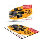 A rectangular fridge magnet featuring various electronic devices, predominantly in black and orange, along with a logo.