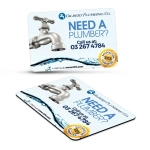 A rectangular fridge magnet featuring a tap image, predominantly in light blue with a logo and contact information.