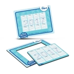 A magnetic photo frame in light blue, featuring a calendar layout and a logo at the top.