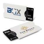 An RFID card protector in white, holding two black debit cards, featuring logos on the front.
