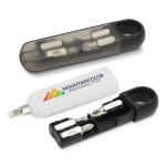 A mini screwdriver set in a black and transparent case, including multiple bits and a branding logo.