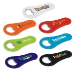 A collection of bottle openers in various colours, featuring different logos and a circular opening for bottle caps.