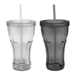 A set of two plastic tumblers in clear and dark grey, each with a lid and straw. Both feature a logo.