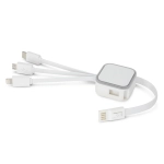A white charging cable with multiple connectors, including USB-C, Lightning, and Micro-USB, and a compact hub.