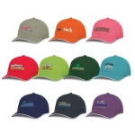 A collection of caps in various colours, including green, pink, red, orange, and navy, each with different branding.