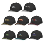 A collection of black caps featuring various logos and branding, each with distinct coloured accents.