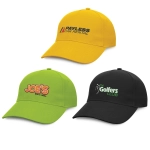Three caps in yellow, green, and black, each featuring different logos or branding.