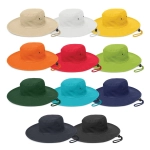 A collection of Cabana Wide Brim Hats in various colours including beige, yellow, orange, green, blue, and black, with branding.
