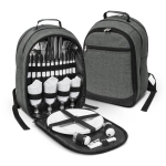 A grey picnic backpack with cutlery, plates, and glasses arranged in its interior, featuring a stylish design.