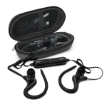 Black Bluetooth earbuds with a case, featuring a charging cable and ear hooks. Includes a control module.
