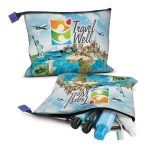 A colourful toiletry bag featuring travel-themed graphics, filled with various travel-sized personal care items.