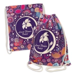 A purple cotton drawstring backpack with a floral design and a central logo, featuring various colourful flowers.