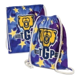 A drawstring backpack featuring a vibrant blue and purple design with a yellow bear logo and stars.