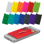 A collection of colourful phone wallets in various colours, including red, green, blue, and purple, with a logo on some.