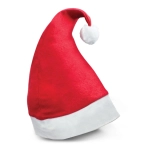 A red Santa hat made of soft fabric with a white fluffy trim and pom-pom on top.