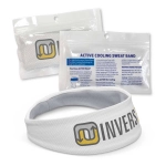 A white active cooling sweat band with a branding logo, accompanied by a clear packaging with instructions.