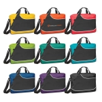A collection of Centrix Conference Satchels in various colours, including yellow, red, green, teal, and purple, with a logo.