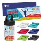 A range of colourful cooling towels in various shades alongside a branded drink bottle, featuring a logo.