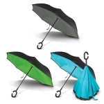 A set of three Gemini inverted umbrellas in black and green, black and blue, with a curved handle and branding.