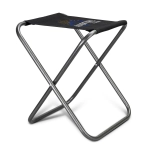 A portable folding stool with a black seat and a silver frame. It features a logo on the fabric.
