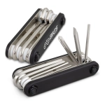 A multi-tool set in black and silver featuring various tools and a compact design, with a logo on the body.