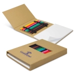 A creative sketch set featuring assorted coloured pencils in vibrant hues, presented in a cardboard case with an attached notepad.