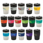 A collection of various drink bottles, featuring black lids and bases, with different coloured bodies and designs.