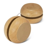 A wooden yoyo in natural wood finish, featuring a smooth round shape with a string attached.