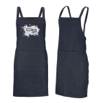 A dark denim bib apron featuring adjustable straps and a front pocket. It has a logo on the front.