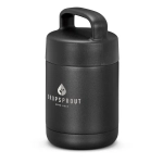 A drink bottle in matte black with a handle, featuring a logo on the front.