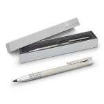 A brushed steel pencil in a sleek grey box, featuring a silver clip and textured grip.