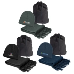 A scarf and beanie set in dark green and black, each with a logo, featuring drawstring storage bags.