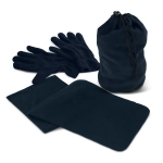 A navy scarf and gloves set, featuring a bag, gloves, and a scarf, all in a soft fabric.
