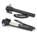 A black multi-tool with a flashlight, pointing tool, and a strap featuring a logo.