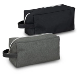 Two toiletry bags in black and grey with a textured finish, featuring a zip closure and a handle for easy carrying.