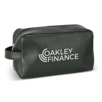 A green toiletry bag with a zip closure and a carrying handle, featuring the logo "OAKLEY FINANCE" printed in white.
