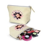 A small beige cosmetic bag with a branding logo, filled with various makeup items like lipsticks and eyeshadows.